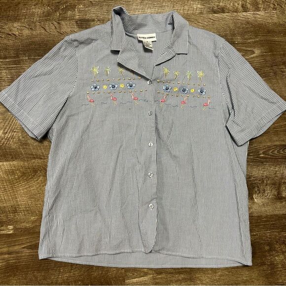 Alfred Dunner Short Sleeve Stripes Embroidered Floral Button Front Shirt Size 18 - Picture 1 of 8